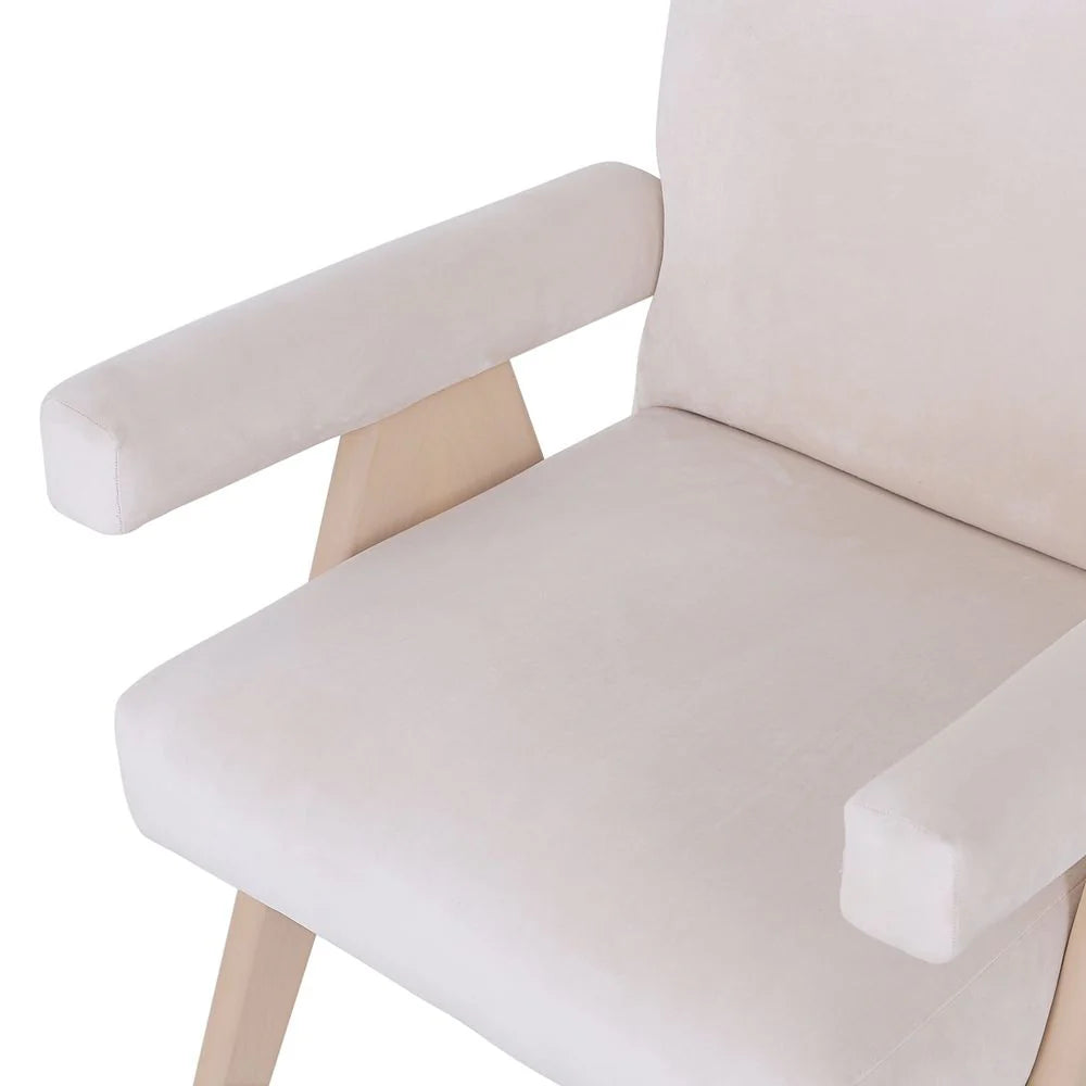 Teak and Velvet Dining Armchair in Beige and Ivory
