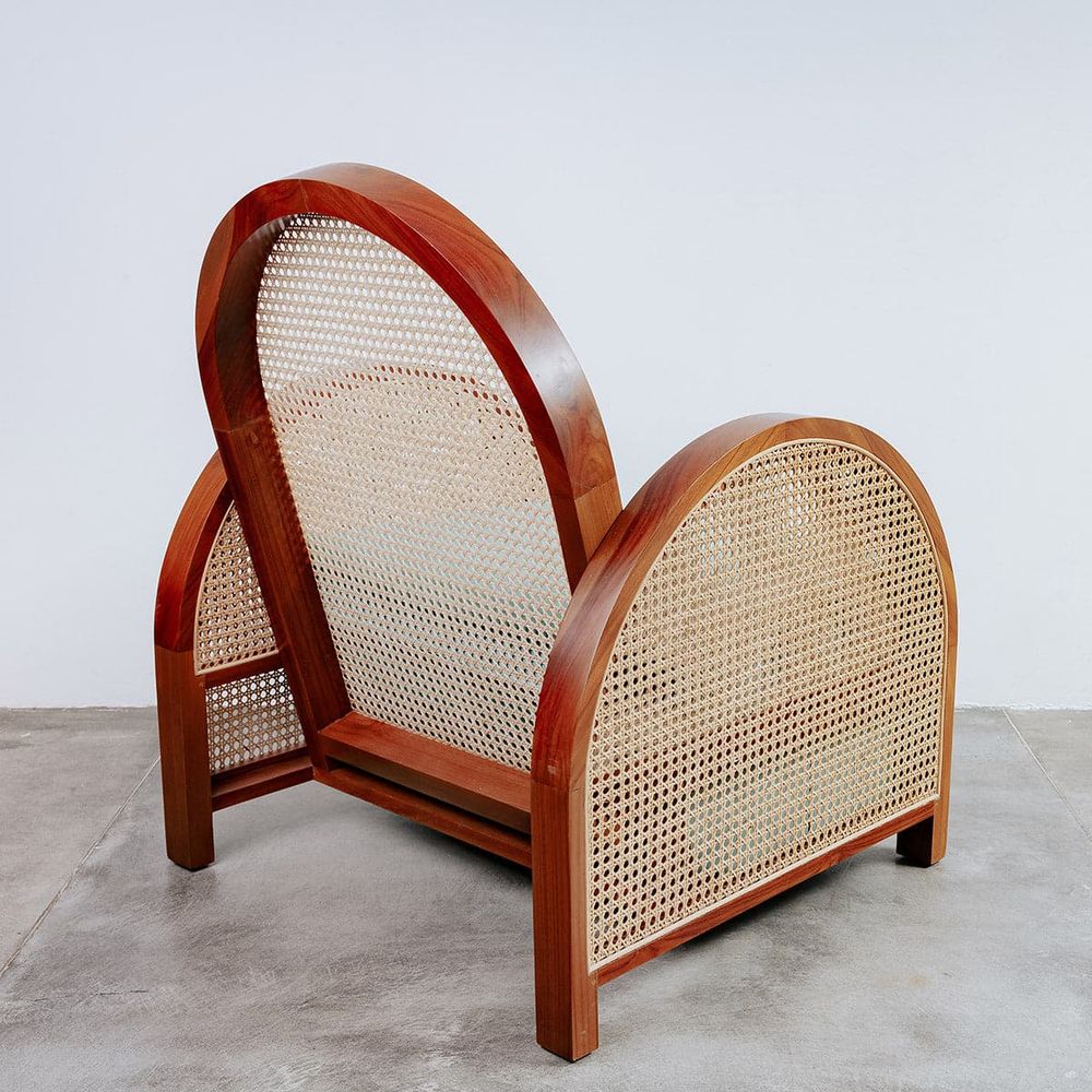 Teak and Rattan Lounge Chair in Natural and Blue
