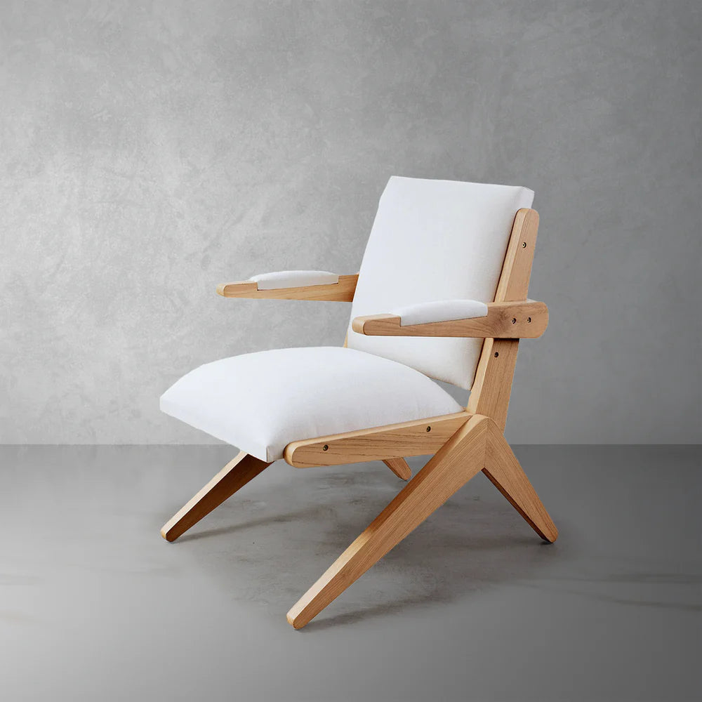 Beige Teak and Fabric Armchair