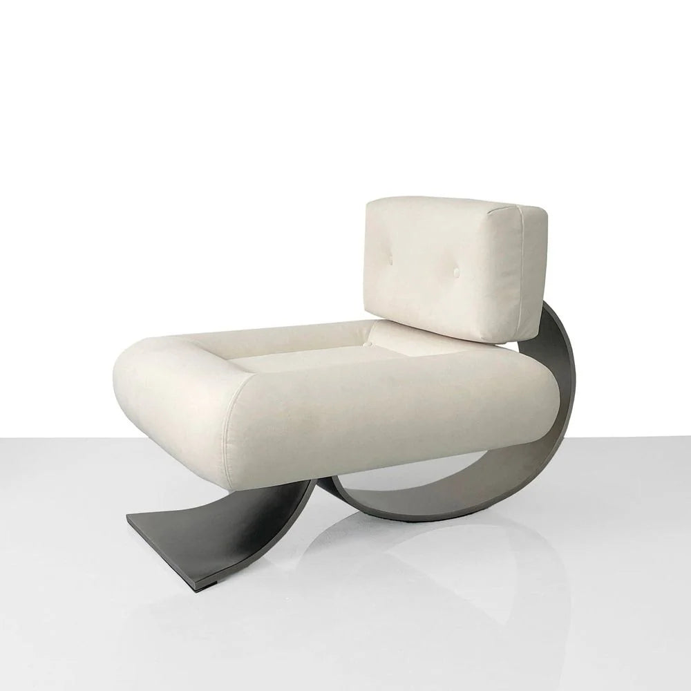 Off-White Stainless Steel and Velvet Chair and Ottoman