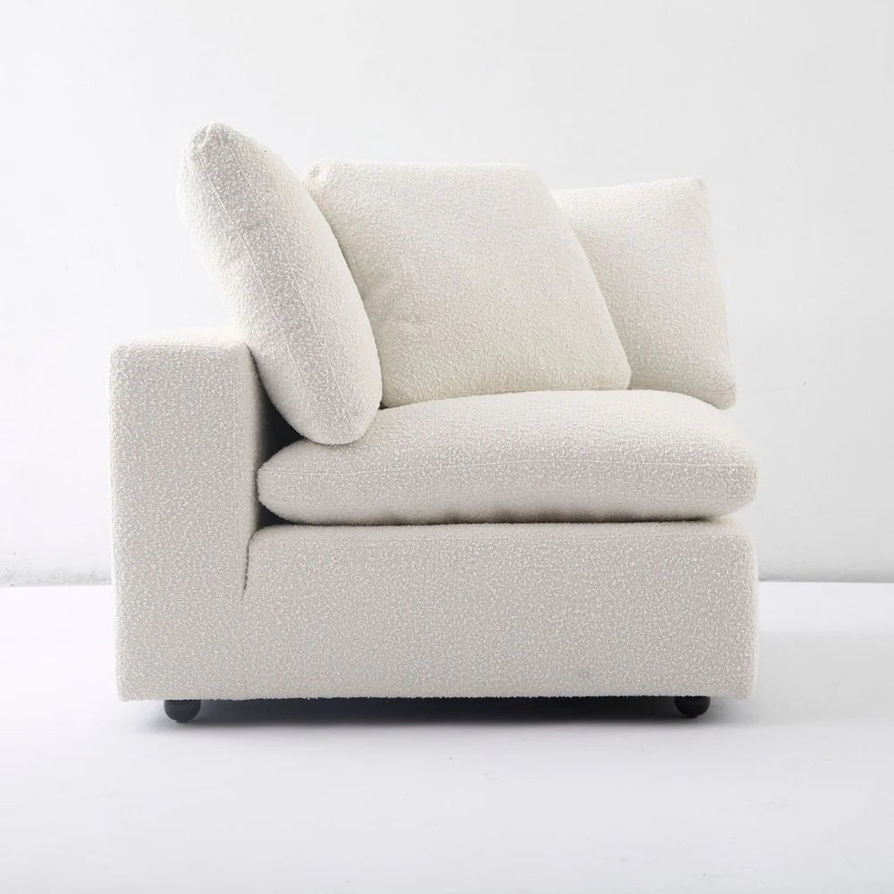 Off-White Wood and Boucle Sectional Corner Unit
