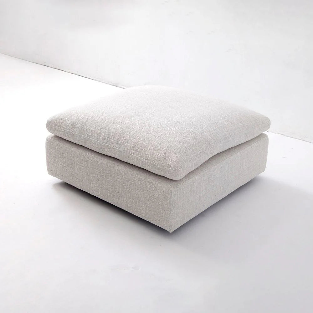 Off-White Wood and Linen Ottoman