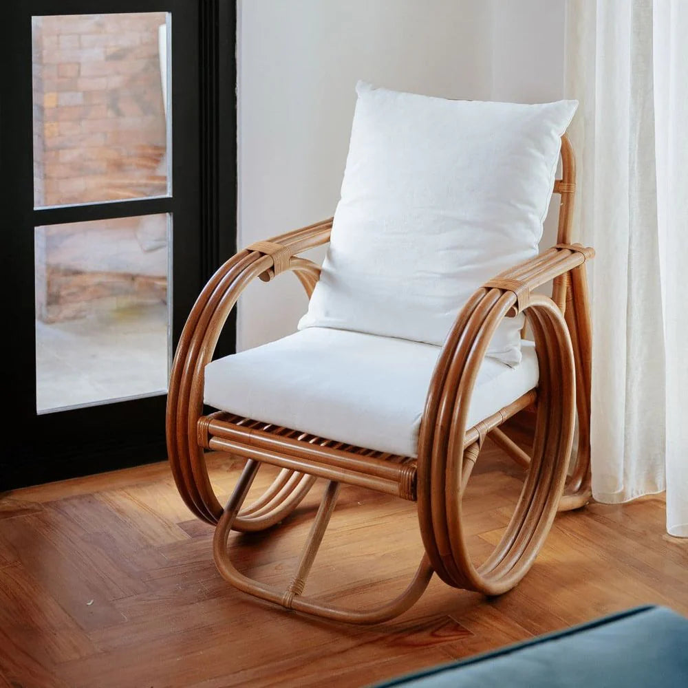Rattan and Fabric Lounge Chair in Natural and Beige