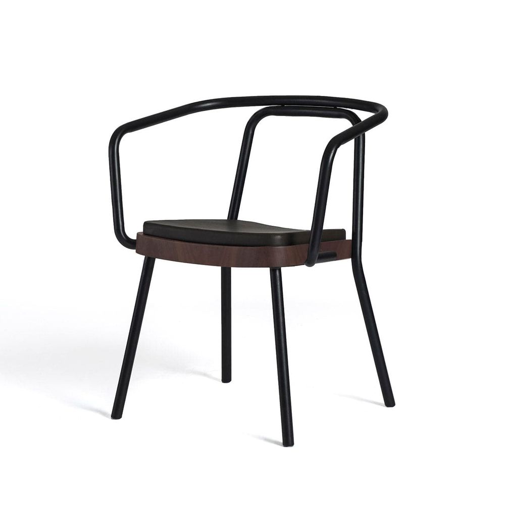 Matte Black Stainless Steel and Walnut Dining Chair