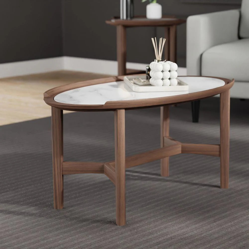 White Marble and Acacia Coffee Table