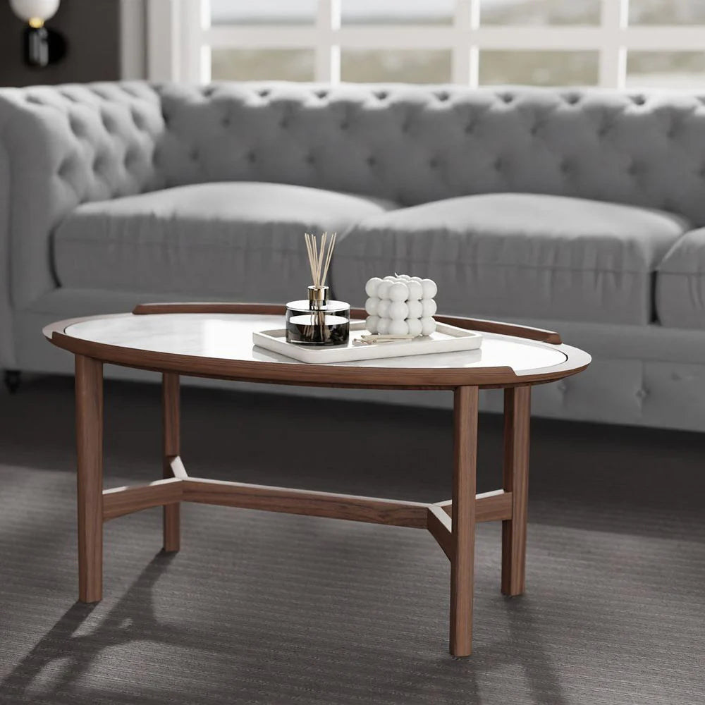 White Marble and Acacia Coffee Table