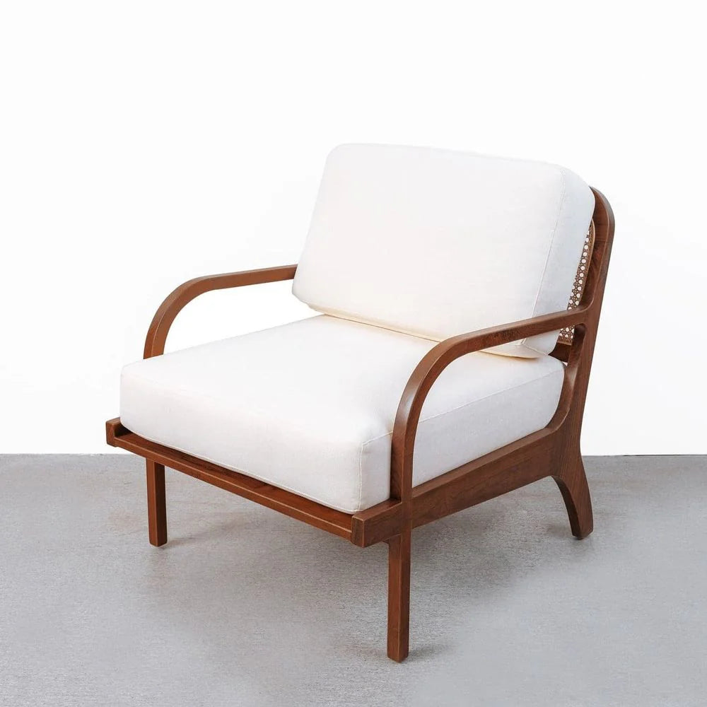 Beige Teak and Rattan Lounge Chair