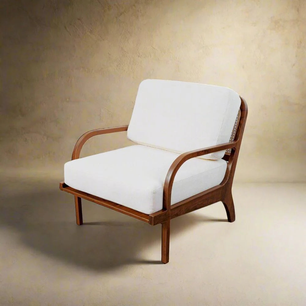 Beige Teak and Rattan Lounge Chair
