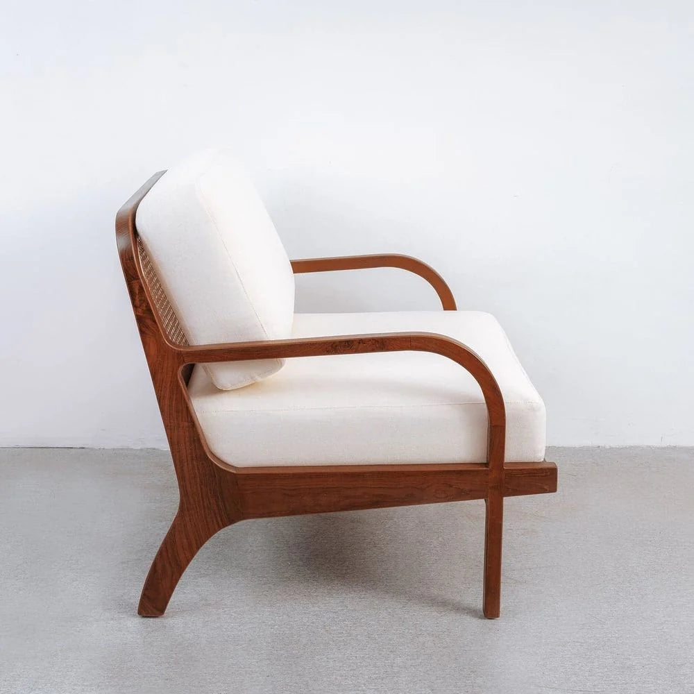 Beige Teak and Rattan Lounge Chair