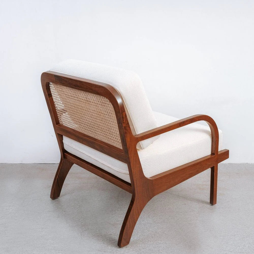 Beige Teak and Rattan Lounge Chair