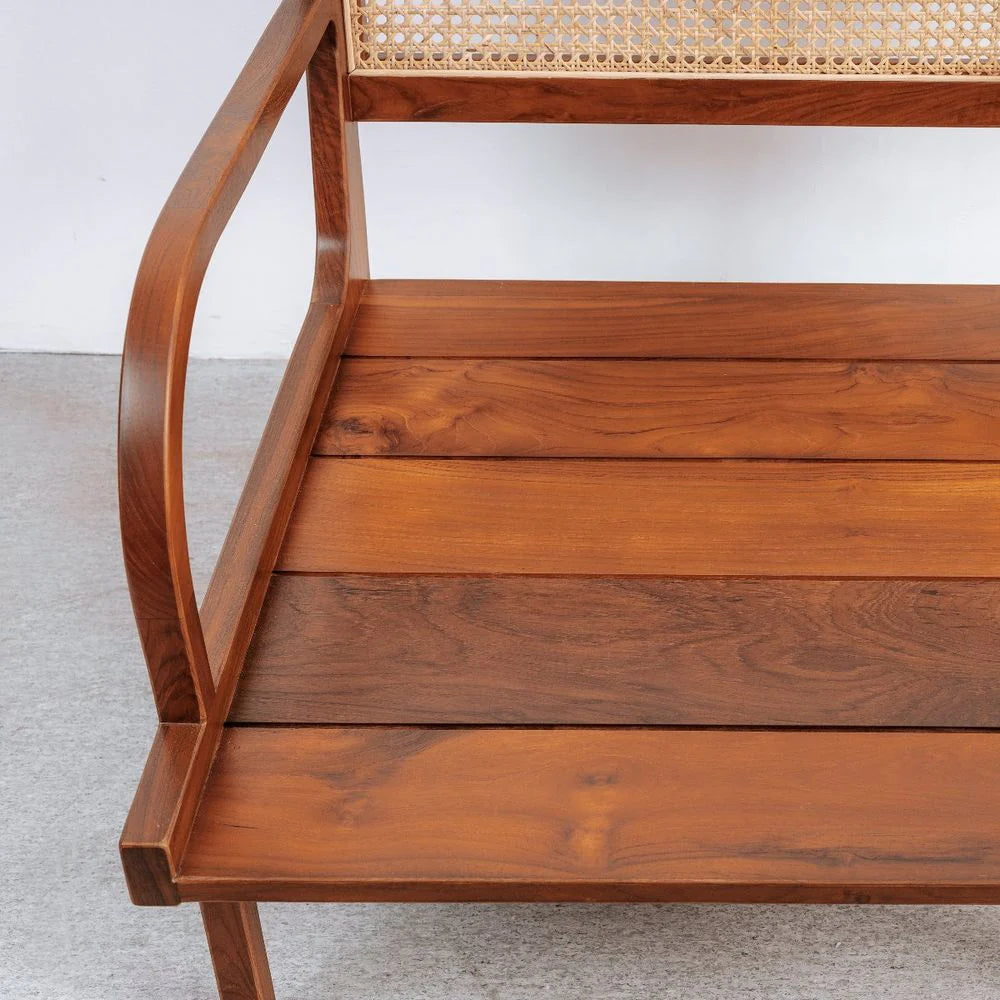 Beige Teak and Rattan Lounge Chair