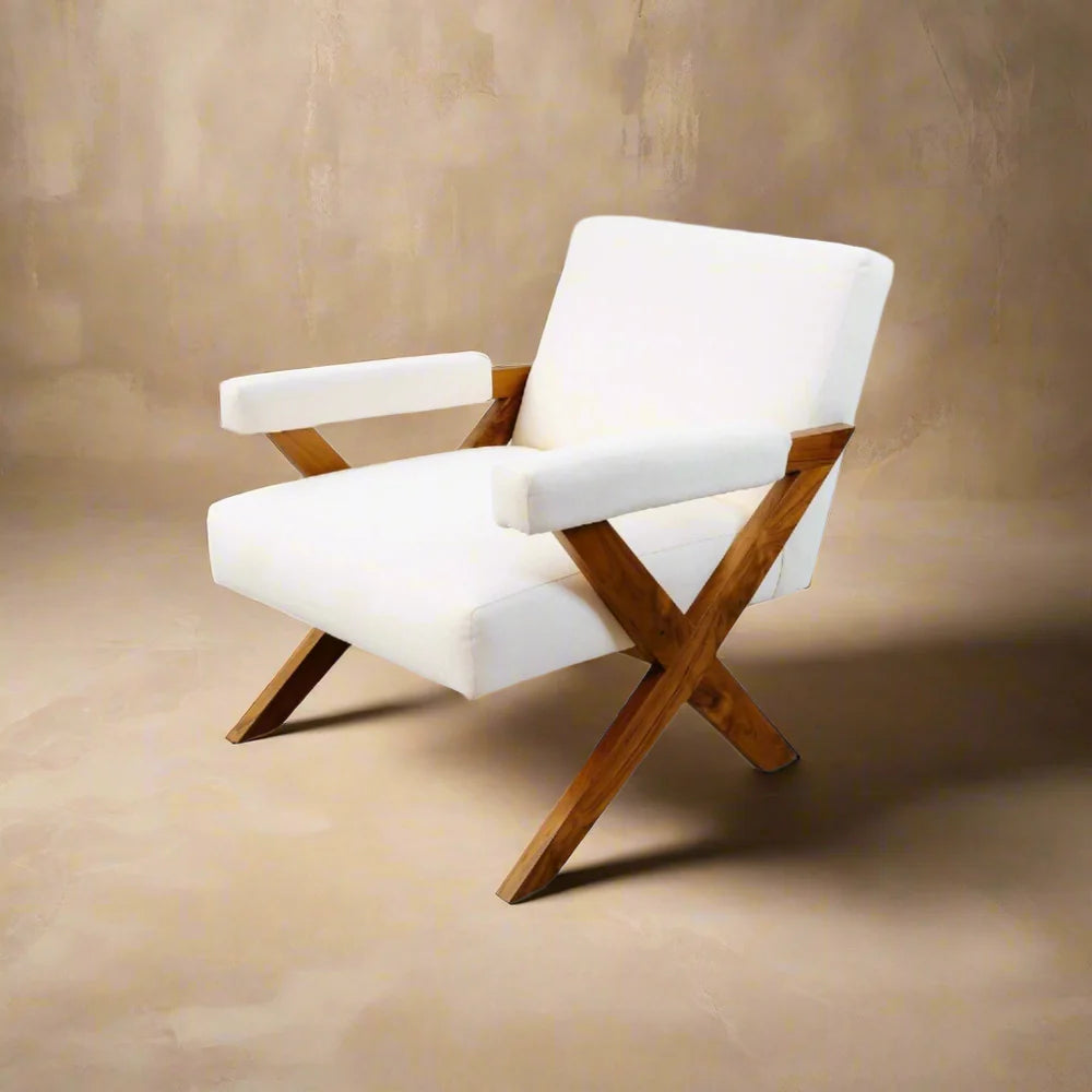 Teak and Fabric Lounge Chair in Natural and Beige – FL1043BGE