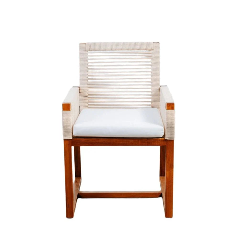 Teak and Fabric Armchair in Natural and Beige