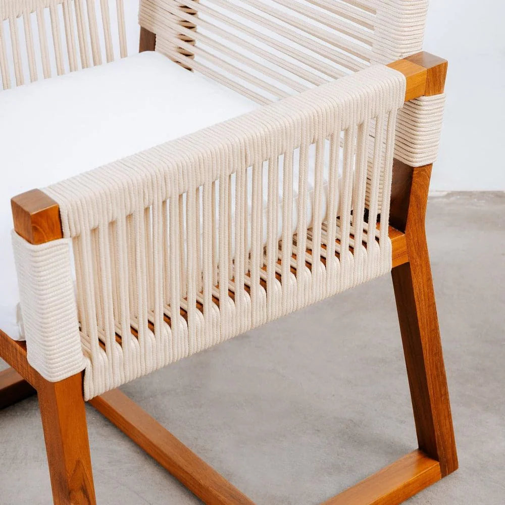 Teak and Fabric Armchair in Natural and Beige