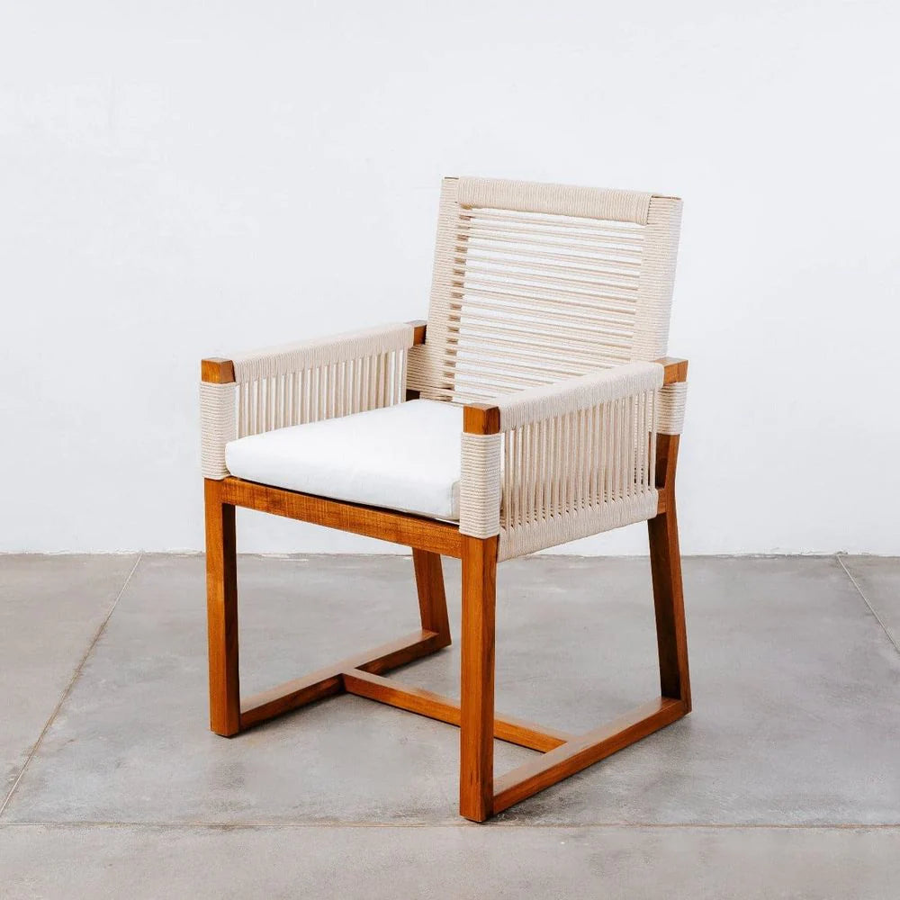 Teak and Fabric Armchair in Natural and Beige