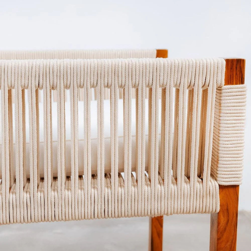 Teak and Fabric Armchair in Natural and Beige