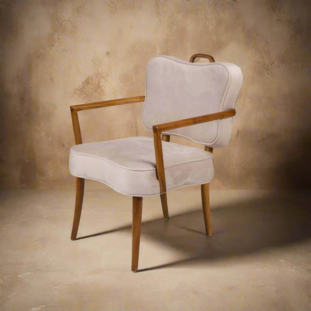 Beige Acacia and Velvet Armchair