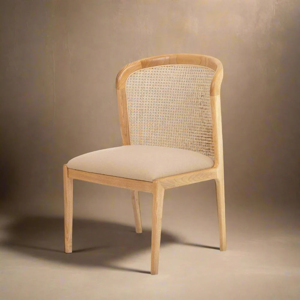 Wood and Synthetic Rattan Dining Chair in Natural and Beige