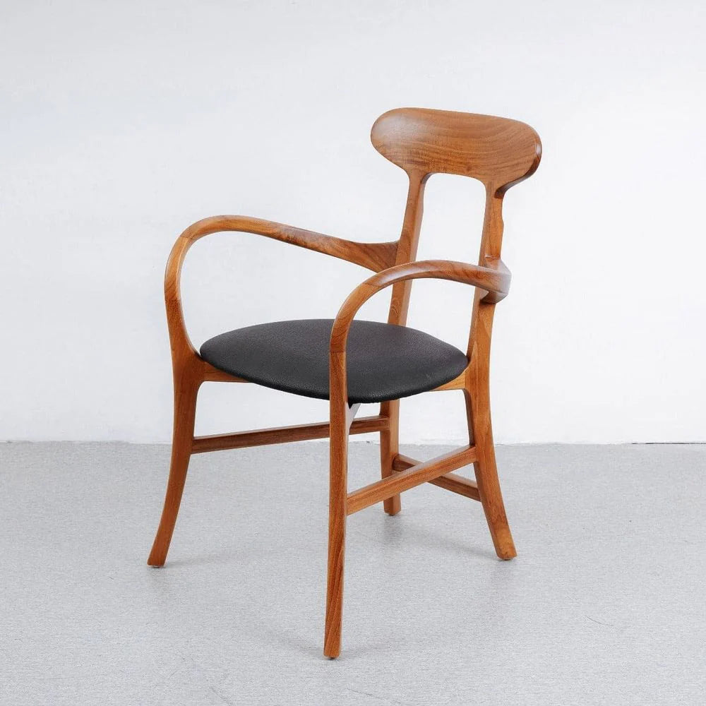 Teak and Leather Dining Chair in Natural and Black