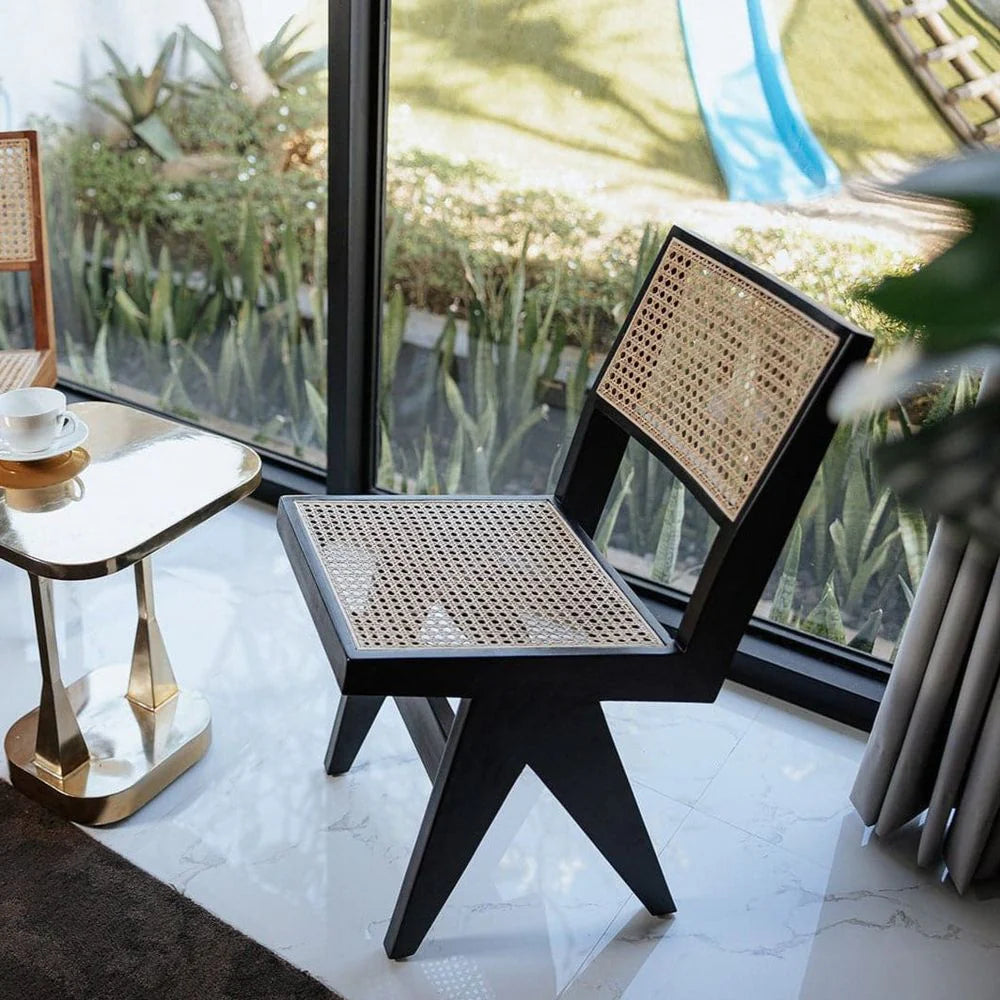 Acacia and Rattan Side Chair in Black and Natural
