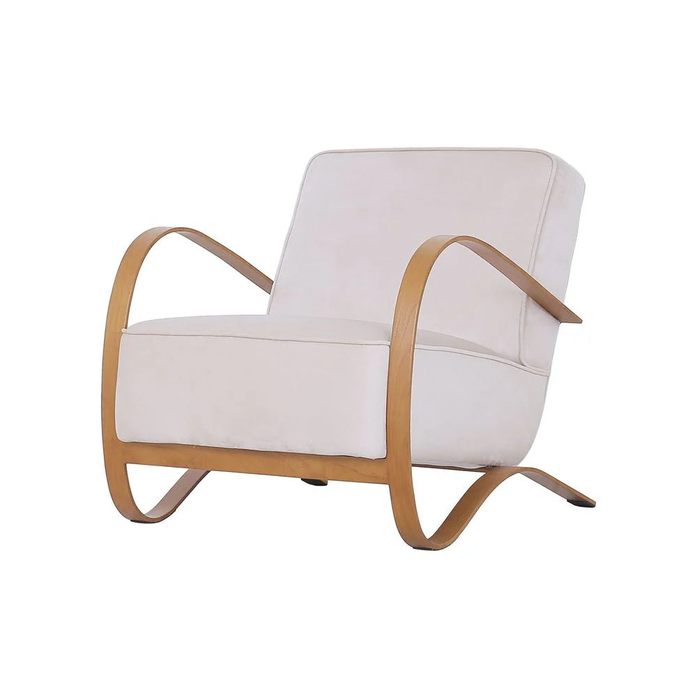 Teak Veneer and Velvet Lounge Chair in Beige and Natural