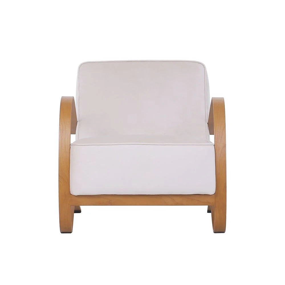Teak Veneer and Velvet Lounge Chair in Beige and Natural