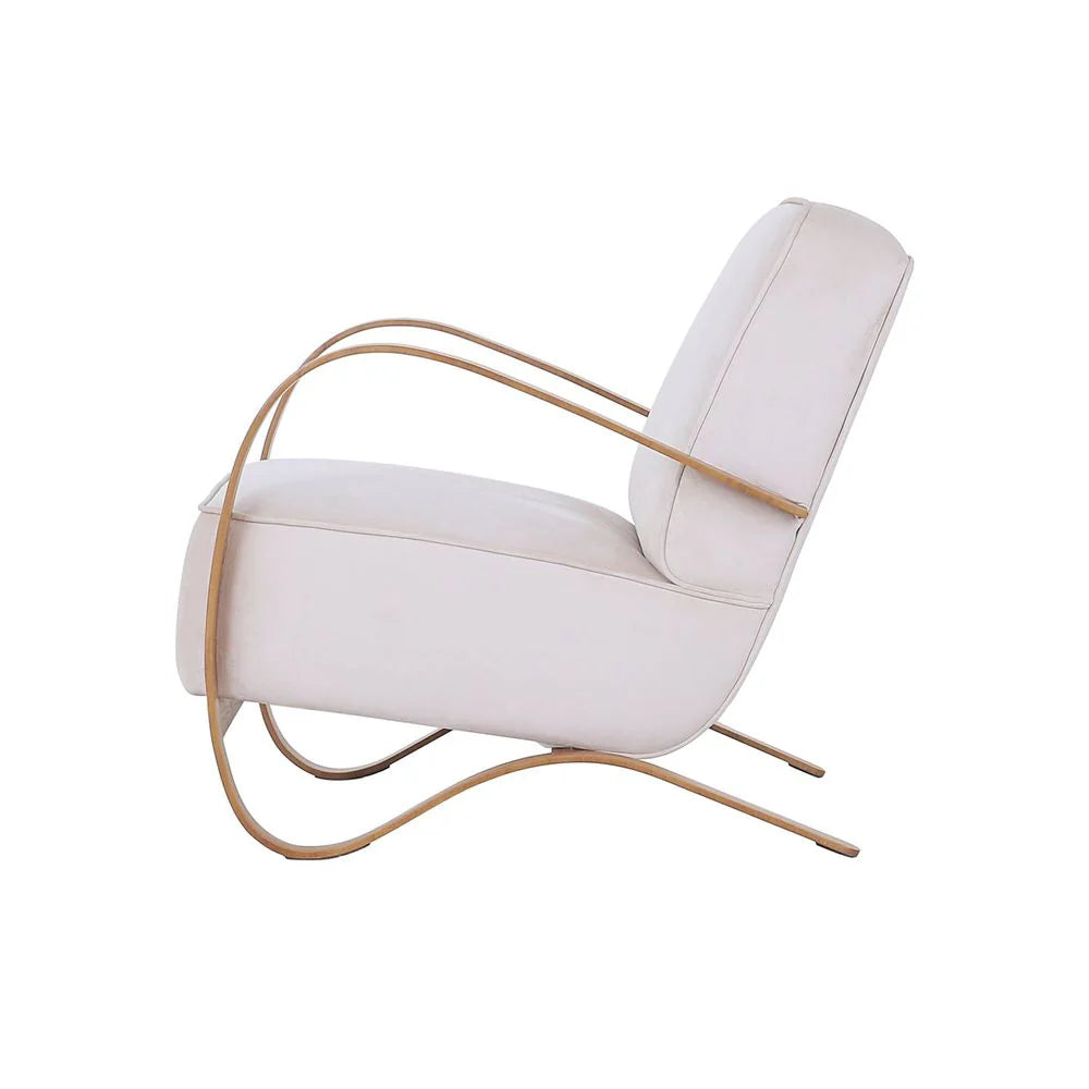 Teak Veneer and Velvet Lounge Chair in Beige and Natural