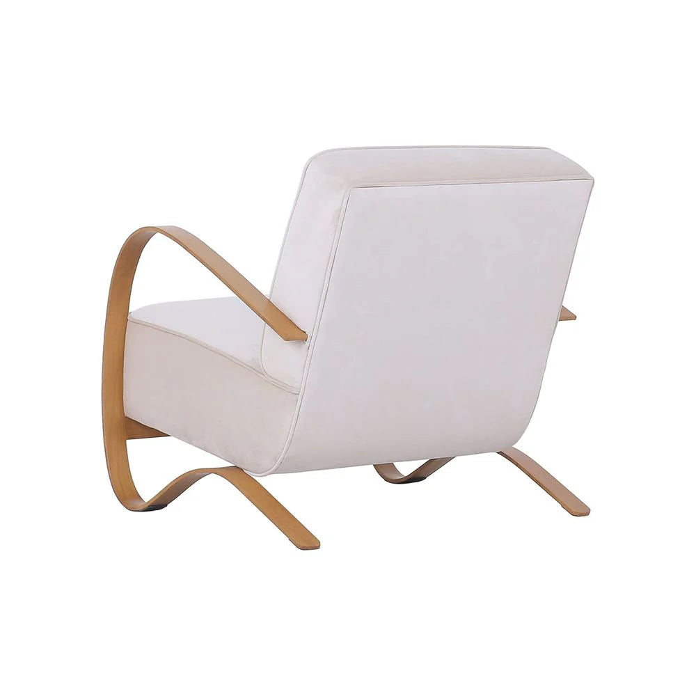Teak Veneer and Velvet Lounge Chair in Beige and Natural