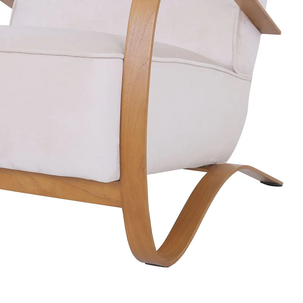 Teak Veneer and Velvet Lounge Chair in Beige and Natural