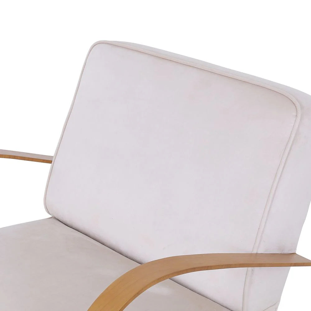 Teak Veneer and Velvet Lounge Chair in Beige and Natural