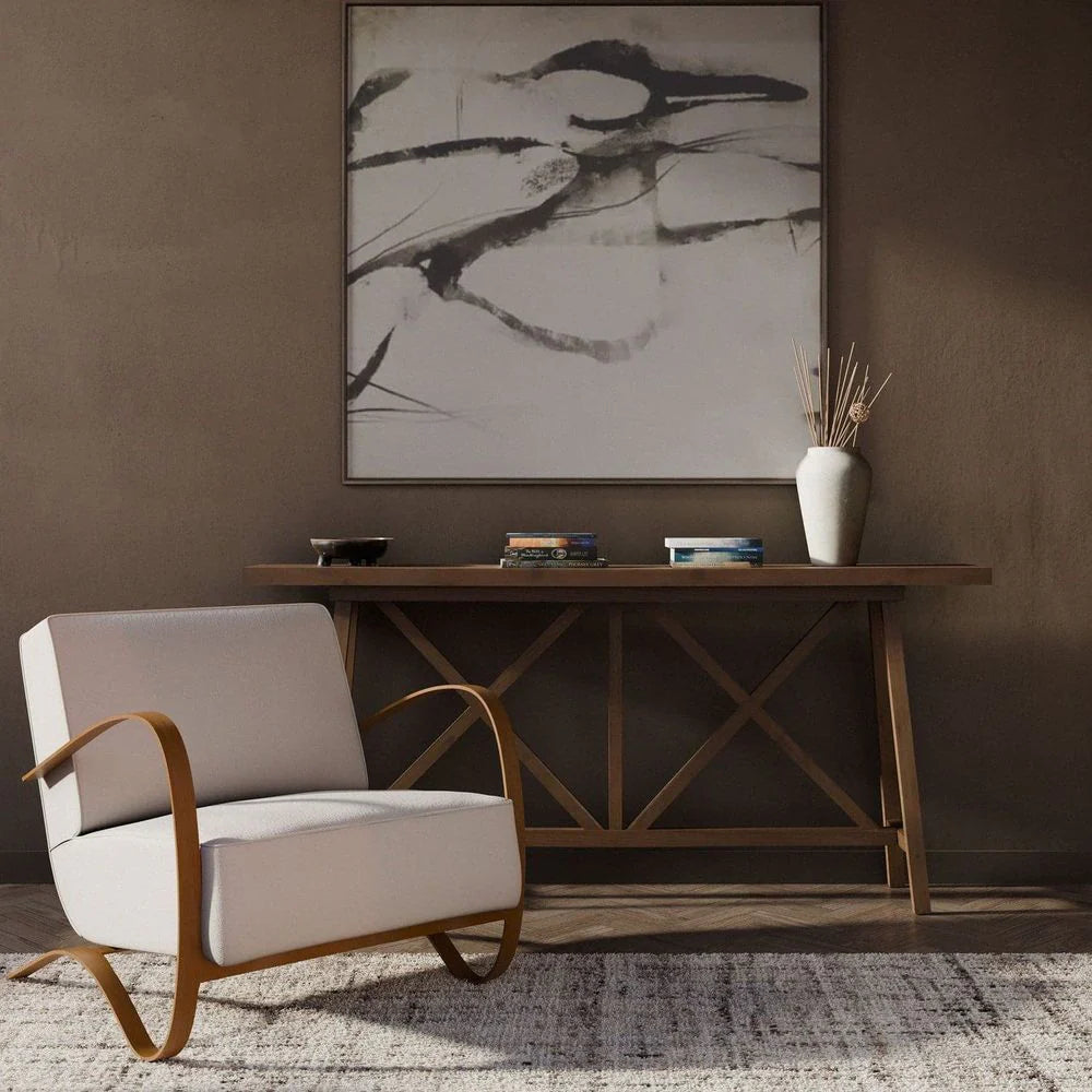 Natural Teak Veneer and Fabric Lounge Chair