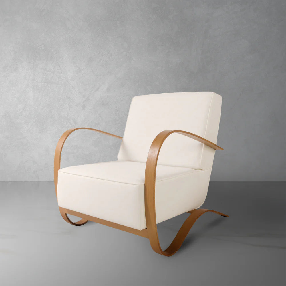 Natural Teak Veneer and Fabric Lounge Chair