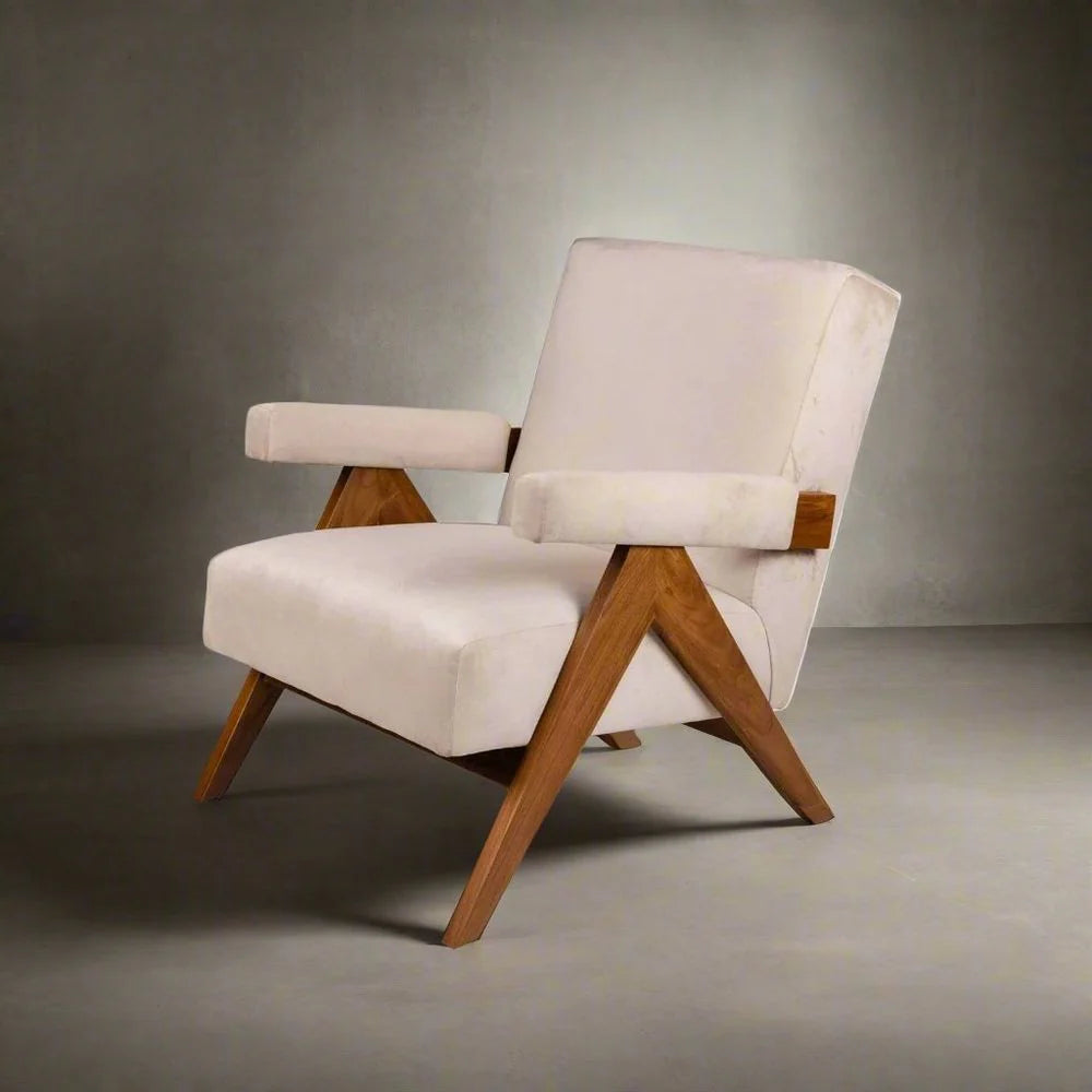 Teak and Fabric Lounge Chair in Beige and Natural