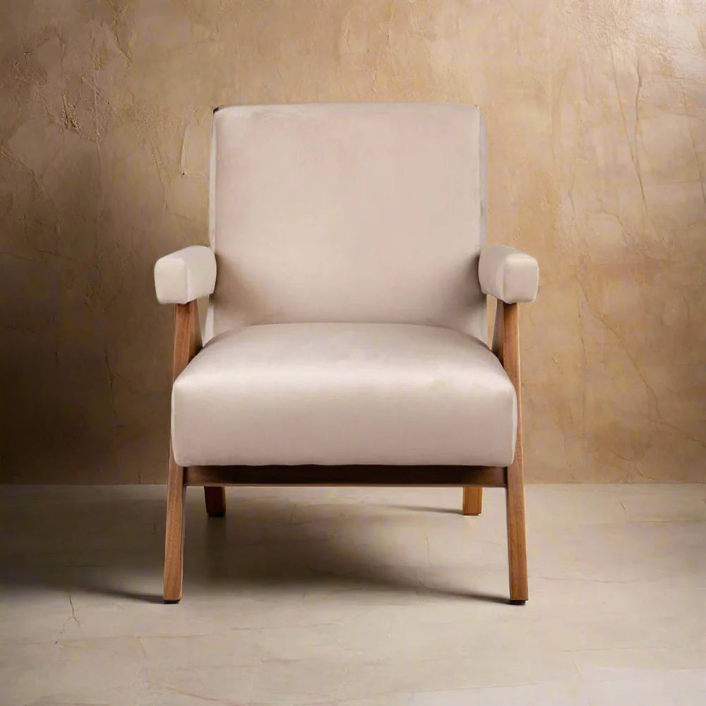 Teak and Fabric Lounge Chair in Beige and Natural