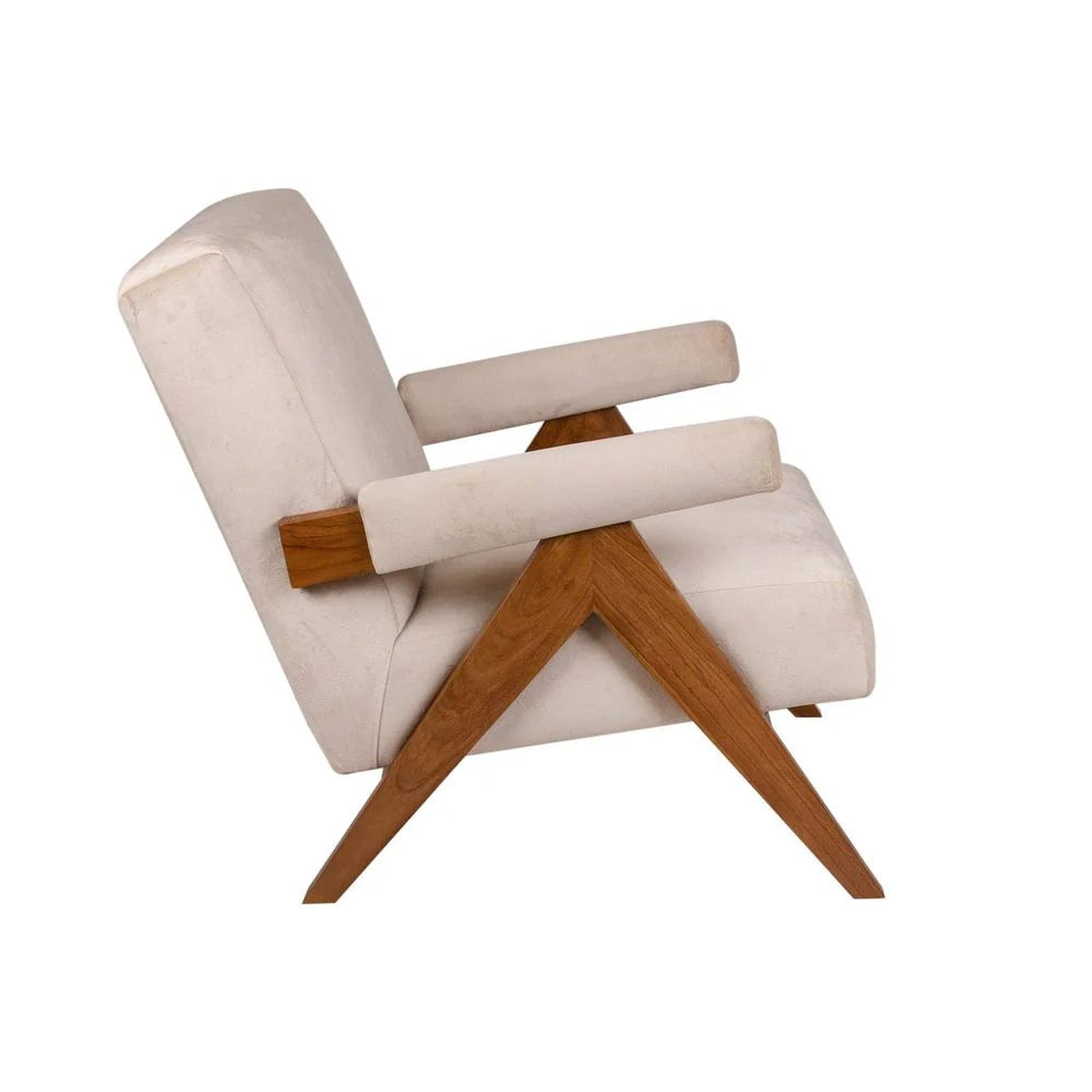 Teak and Fabric Lounge Chair in Beige and Natural