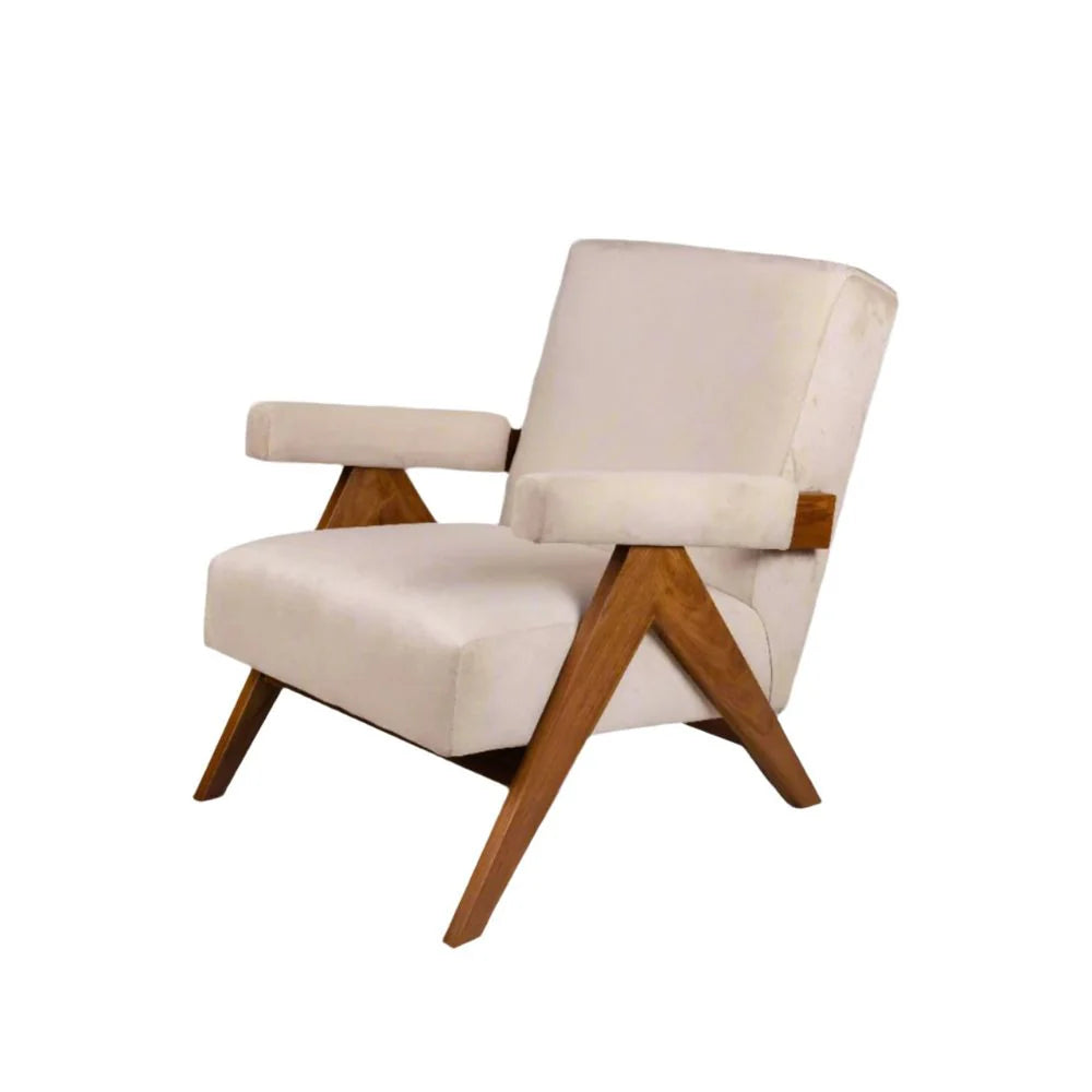 Teak and Fabric Lounge Chair in Beige and Natural