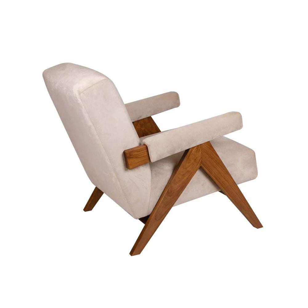 Teak and Fabric Lounge Chair in Beige and Natural