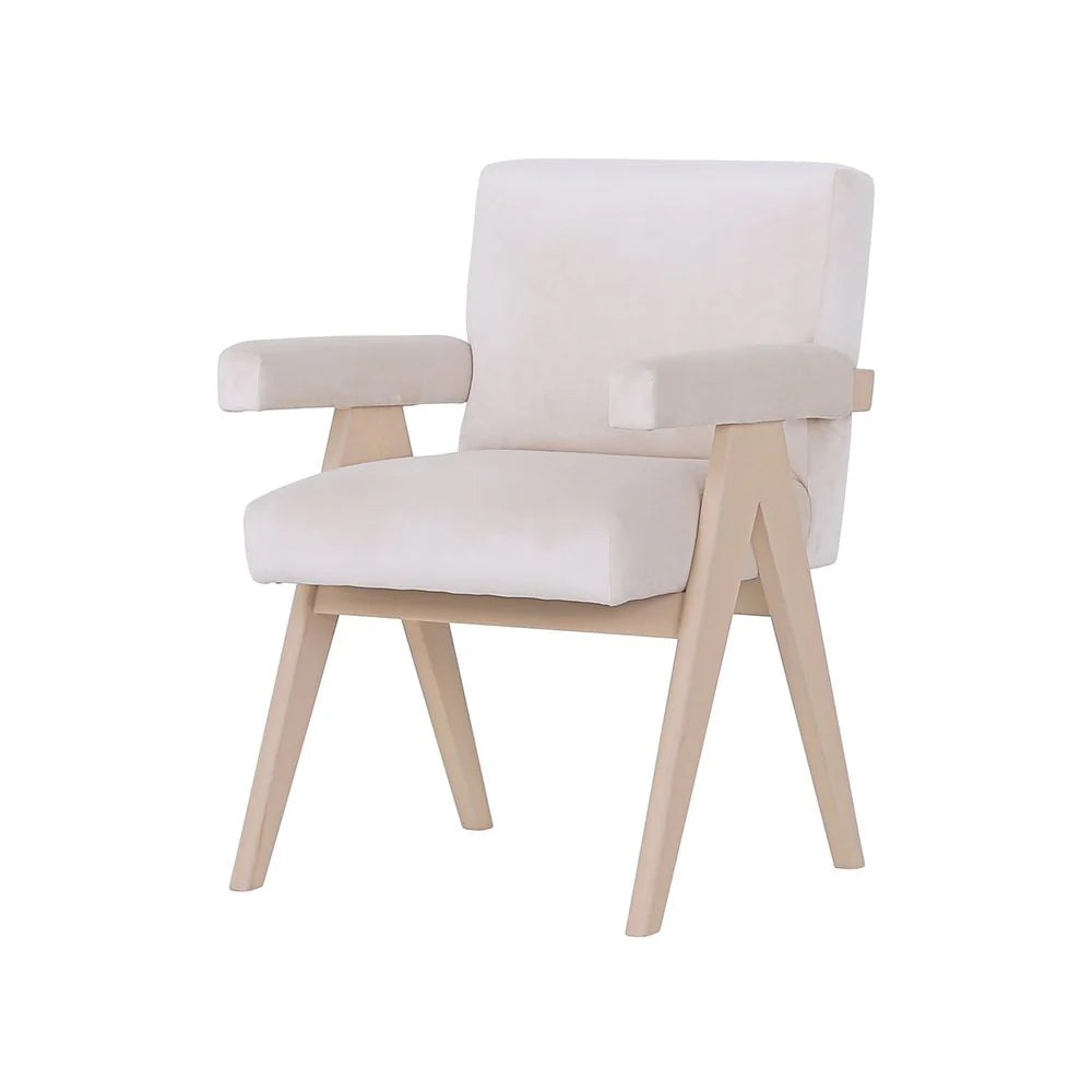 Teak and Velvet Dining Armchair in Beige and Ivory