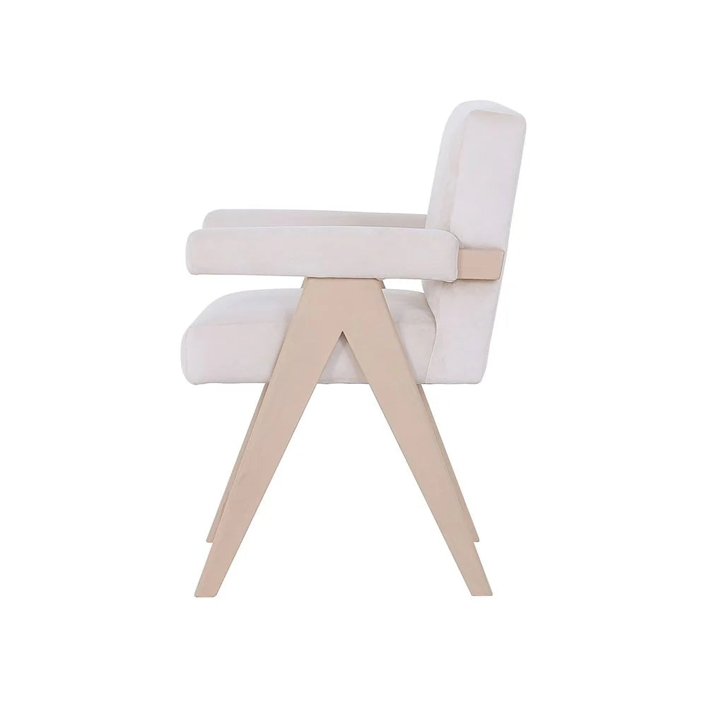 Teak and Velvet Dining Armchair in Beige and Ivory