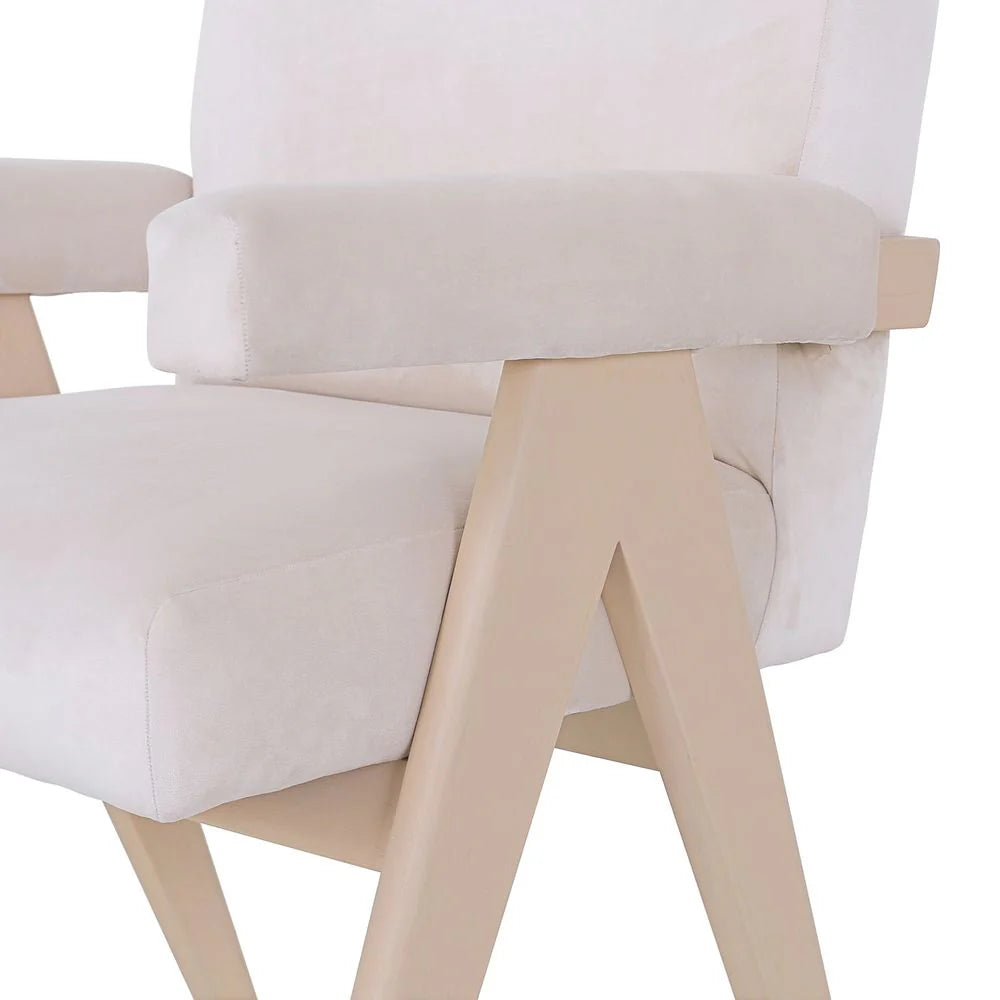 Teak and Velvet Dining Armchair in Beige and Ivory