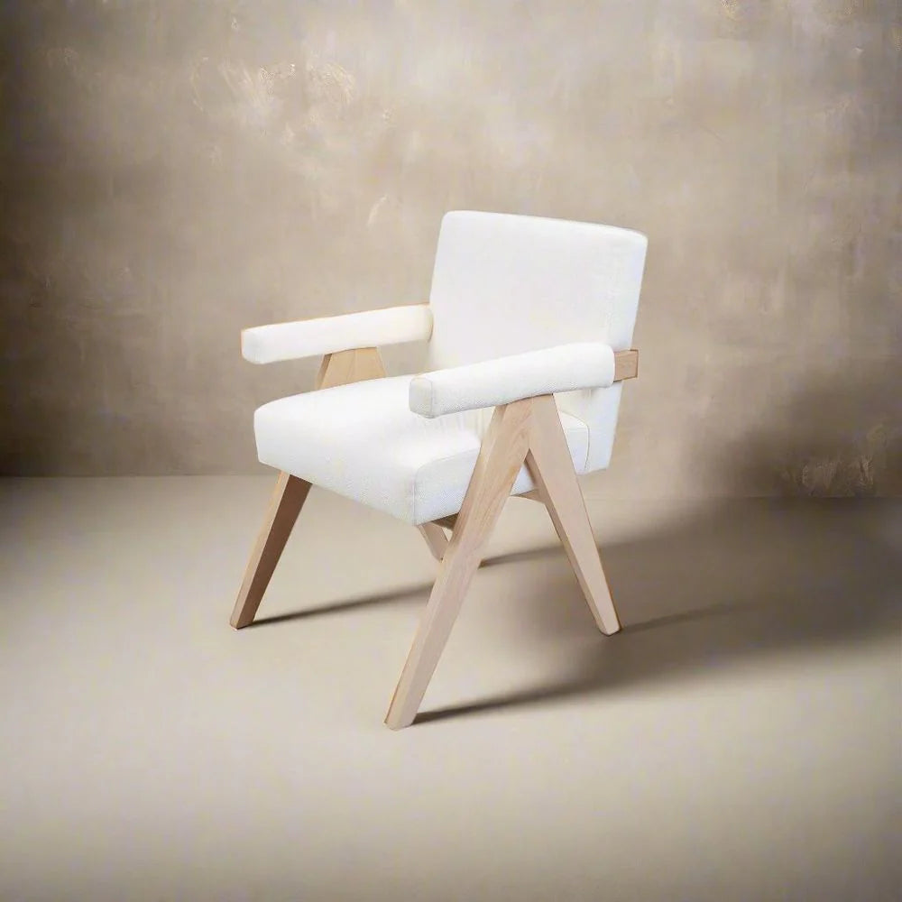 Teak and Velvet Dining Armchair in Beige and Ivory