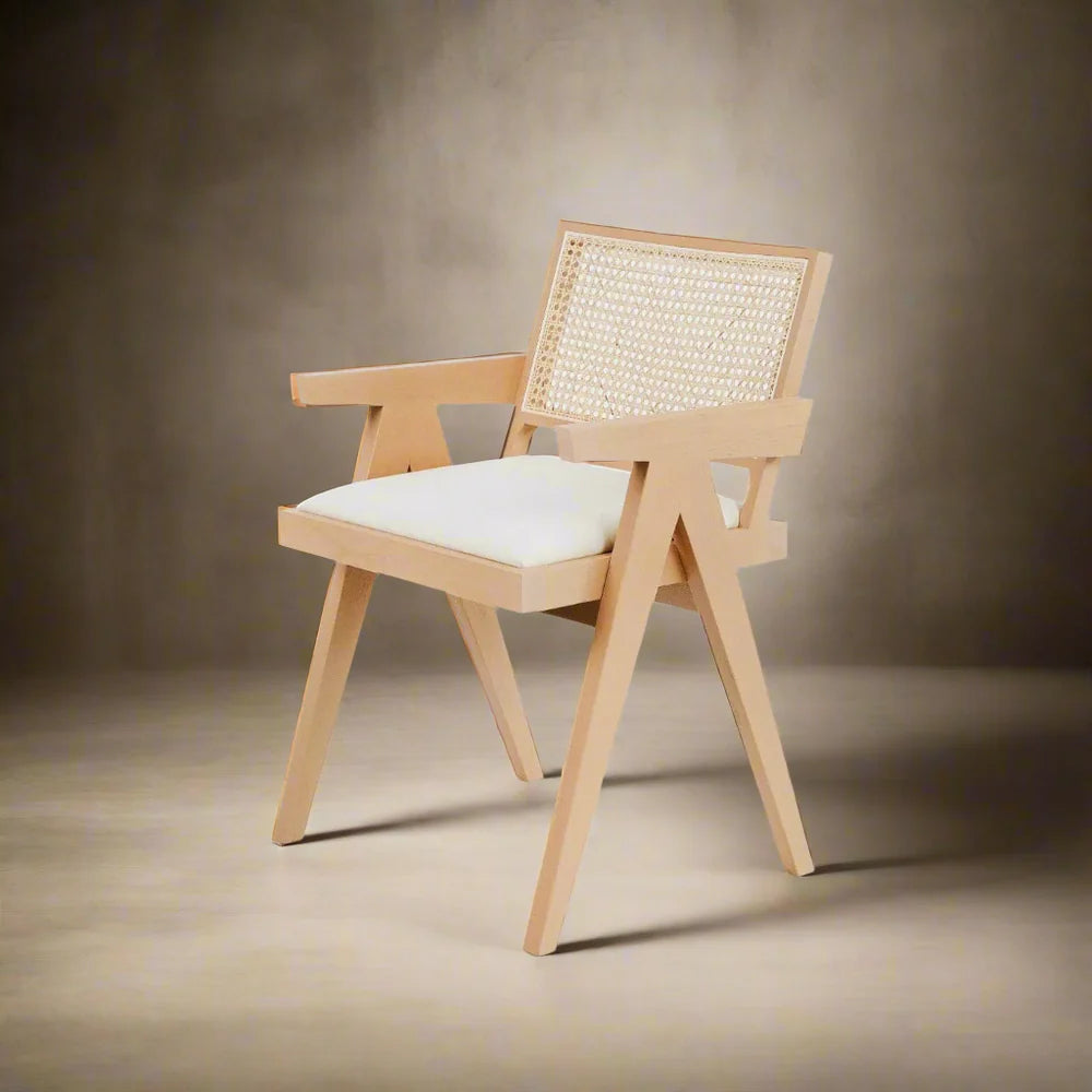 Teak and Rattan Dining Chair in Ivory and Natural – FL1336
