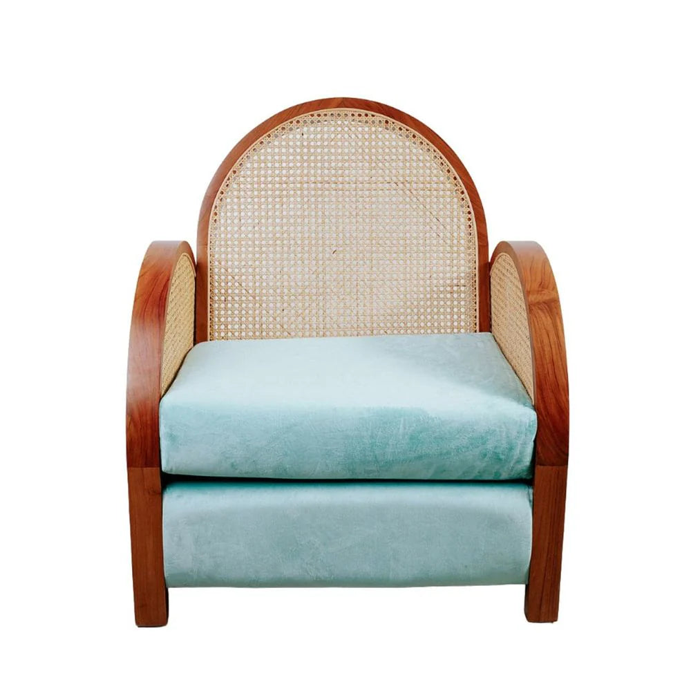 Teak and Rattan Lounge Chair in Natural and Blue