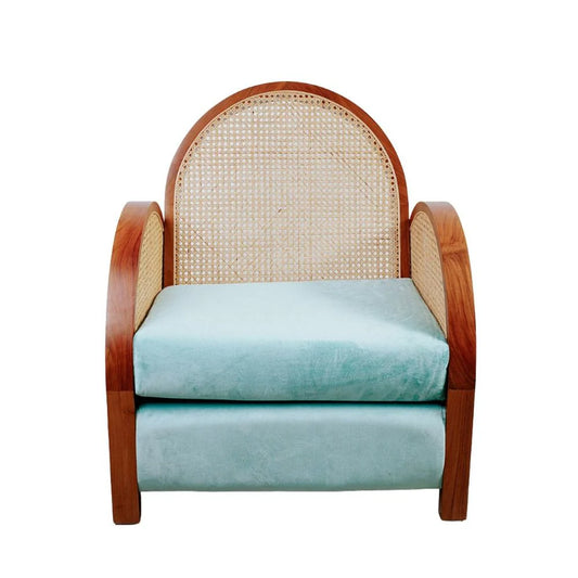 Teak and Rattan Lounge Chair in Natural and Blue