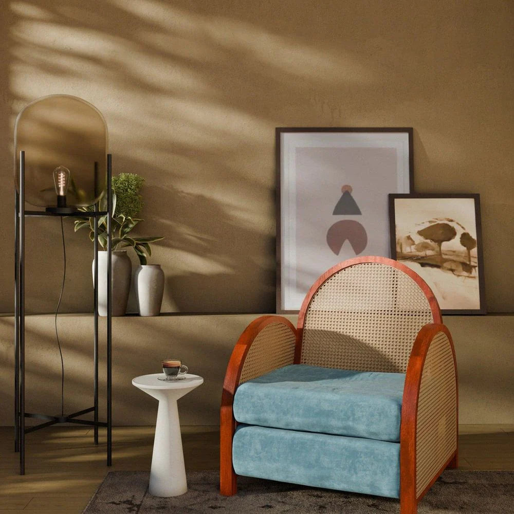 Teak and Rattan Lounge Chair in Natural and Blue