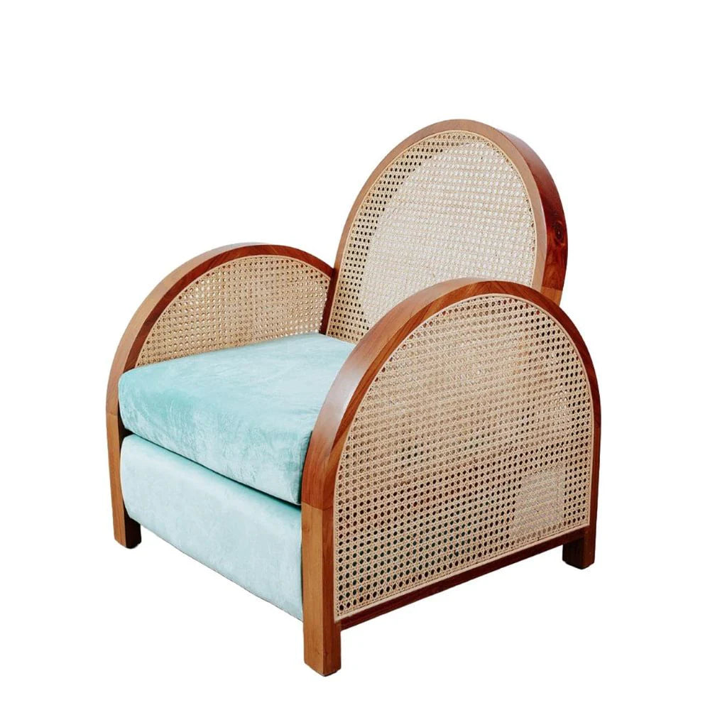 Teak and Rattan Lounge Chair in Natural and Blue