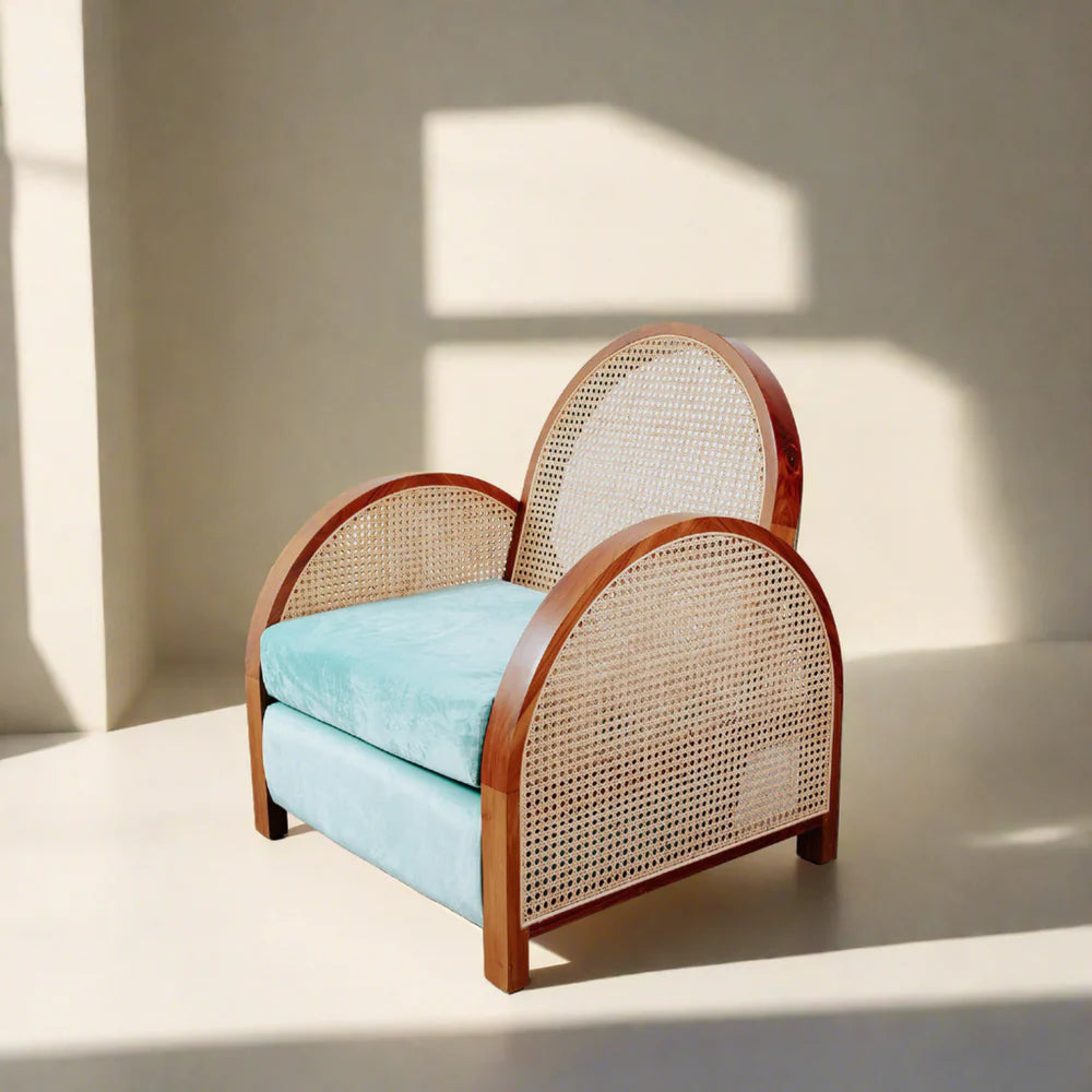 Teak and Rattan Lounge Chair in Natural and Blue