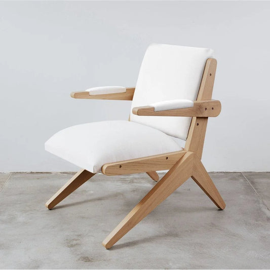 Beige Teak and Fabric Armchair