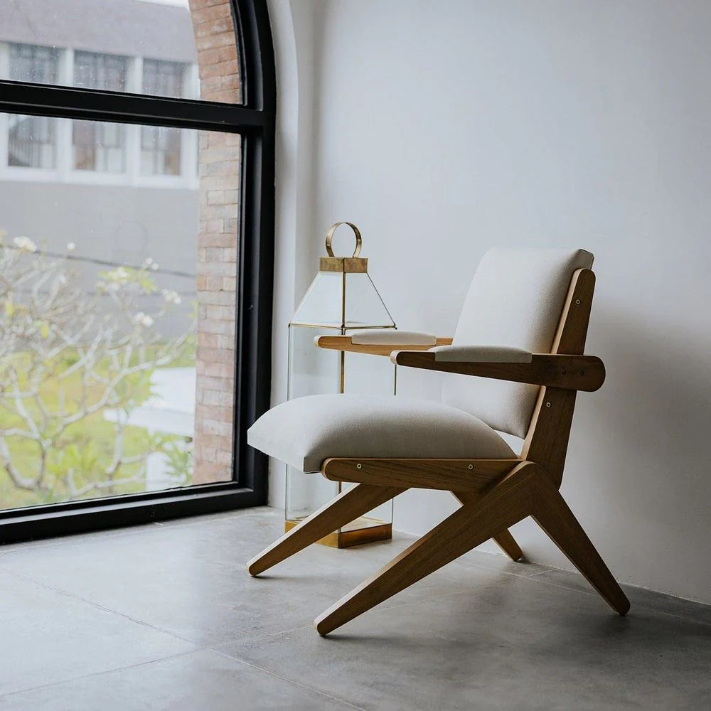 Beige Teak and Fabric Armchair