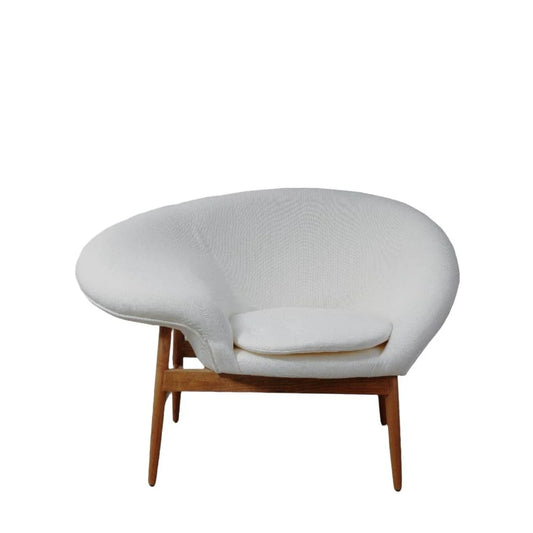 Beige Fabric and Natural Teak Lounge Chair – Left